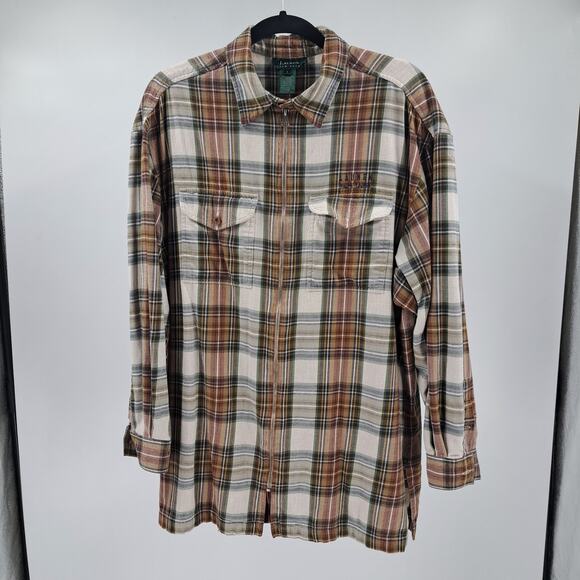 Lauren Ralph Lauren Womens Shirt Jacket L Plaid Flannel Zip Up Long Sleeve Brown - Picture 1 of 8